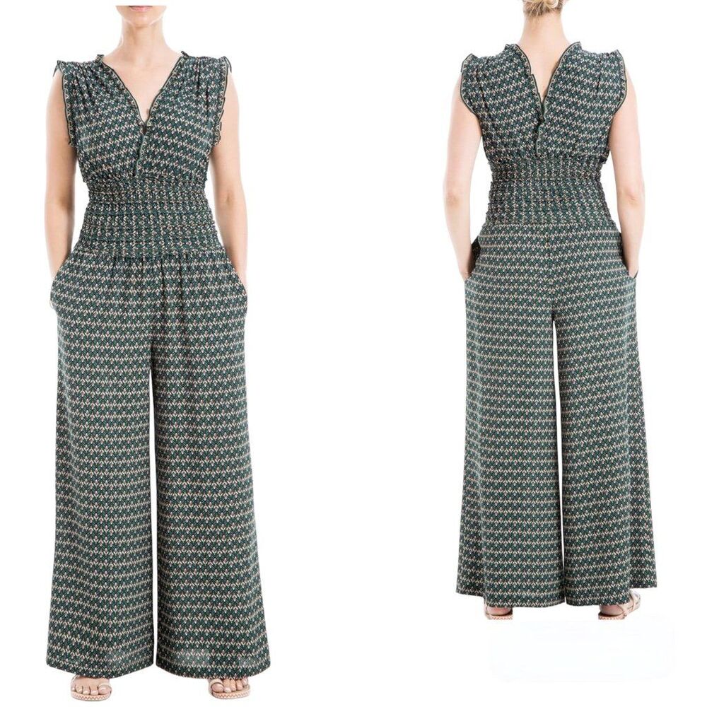 NWT Max Studio Womens Sz Small V-Neck Shirred Waist Wide Leg Jumpsuit